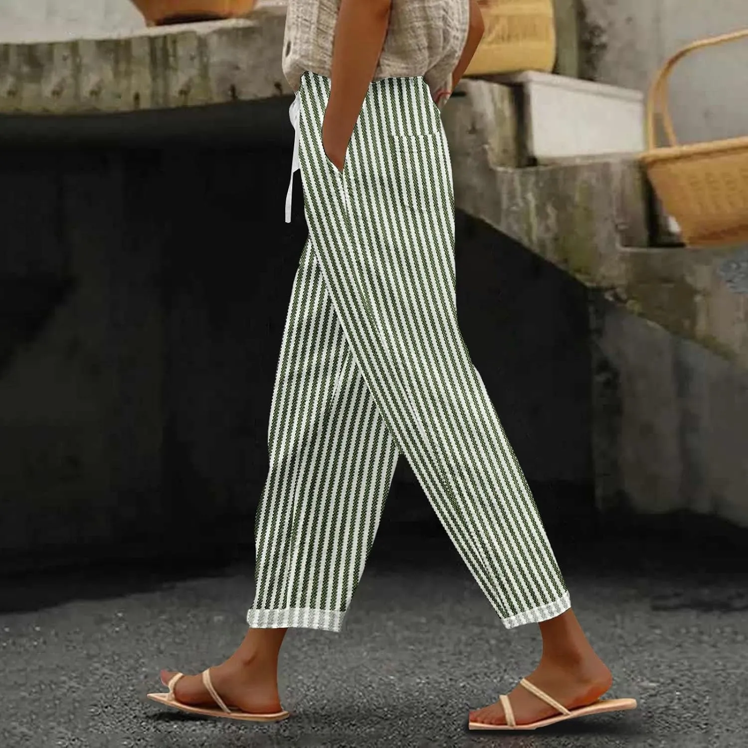 Striped Linen Pants for Women 2025 Summer Straight Leg Cropped Lounge Pant Lightweight Beach Trousers with Pockets