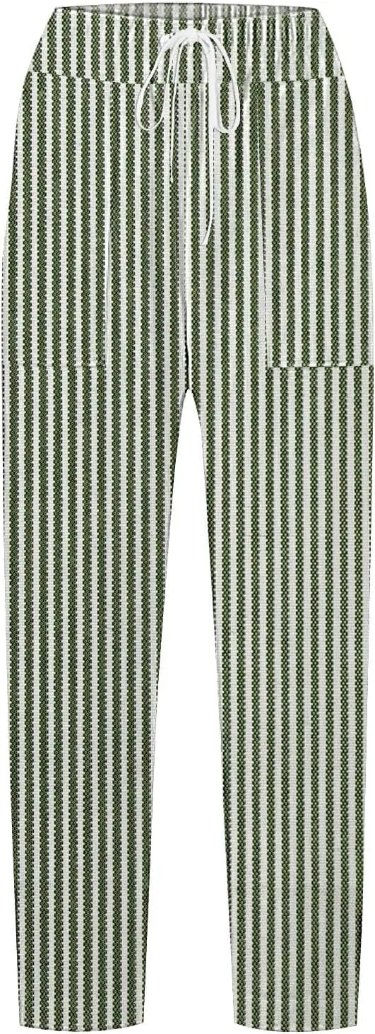 Striped Linen Pants for Women 2025 Summer Straight Leg Cropped Lounge Pant Lightweight Beach Trousers with Pockets
