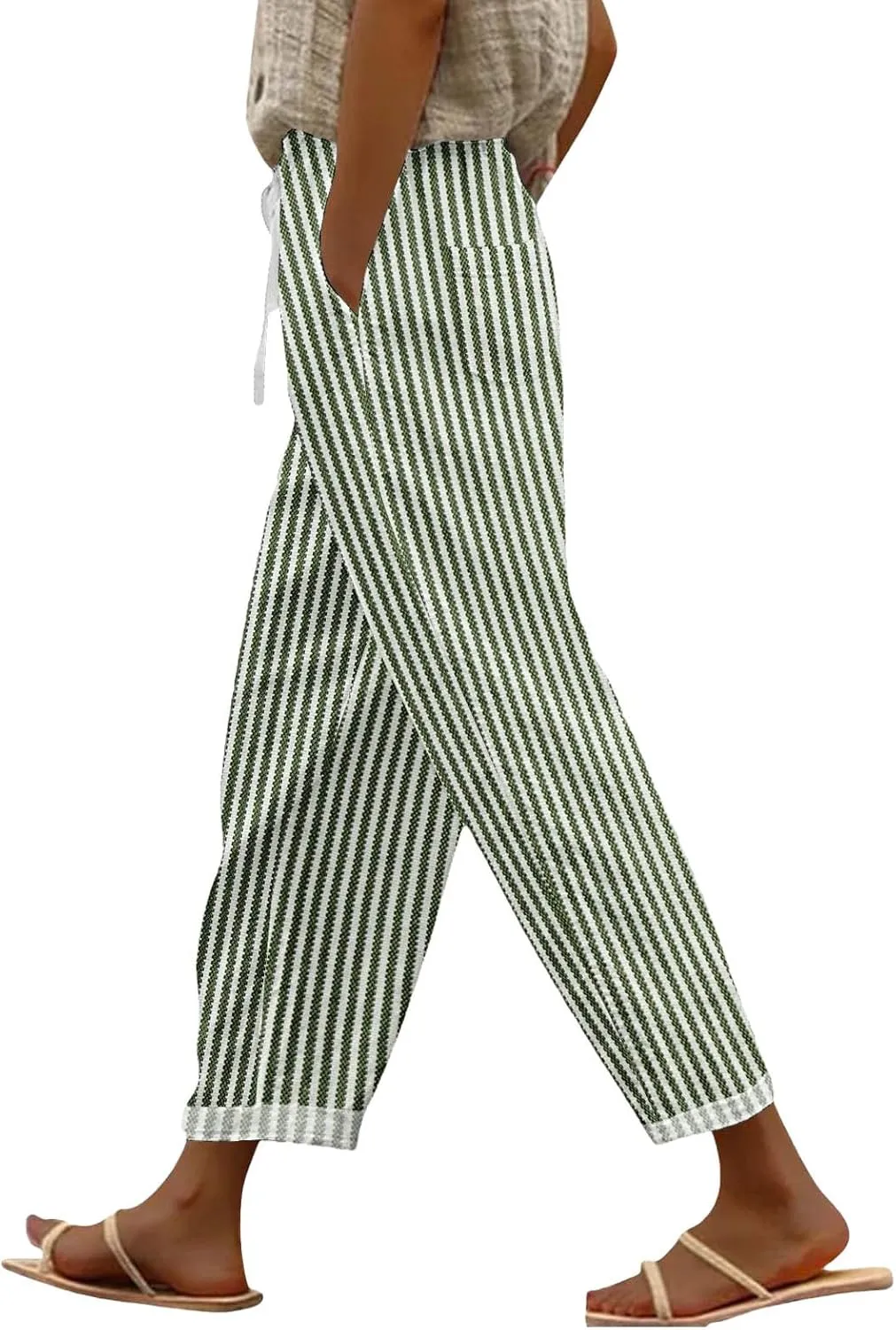 Striped Linen Pants for Women 2025 Summer Straight Leg Cropped Lounge Pant Lightweight Beach Trousers with Pockets