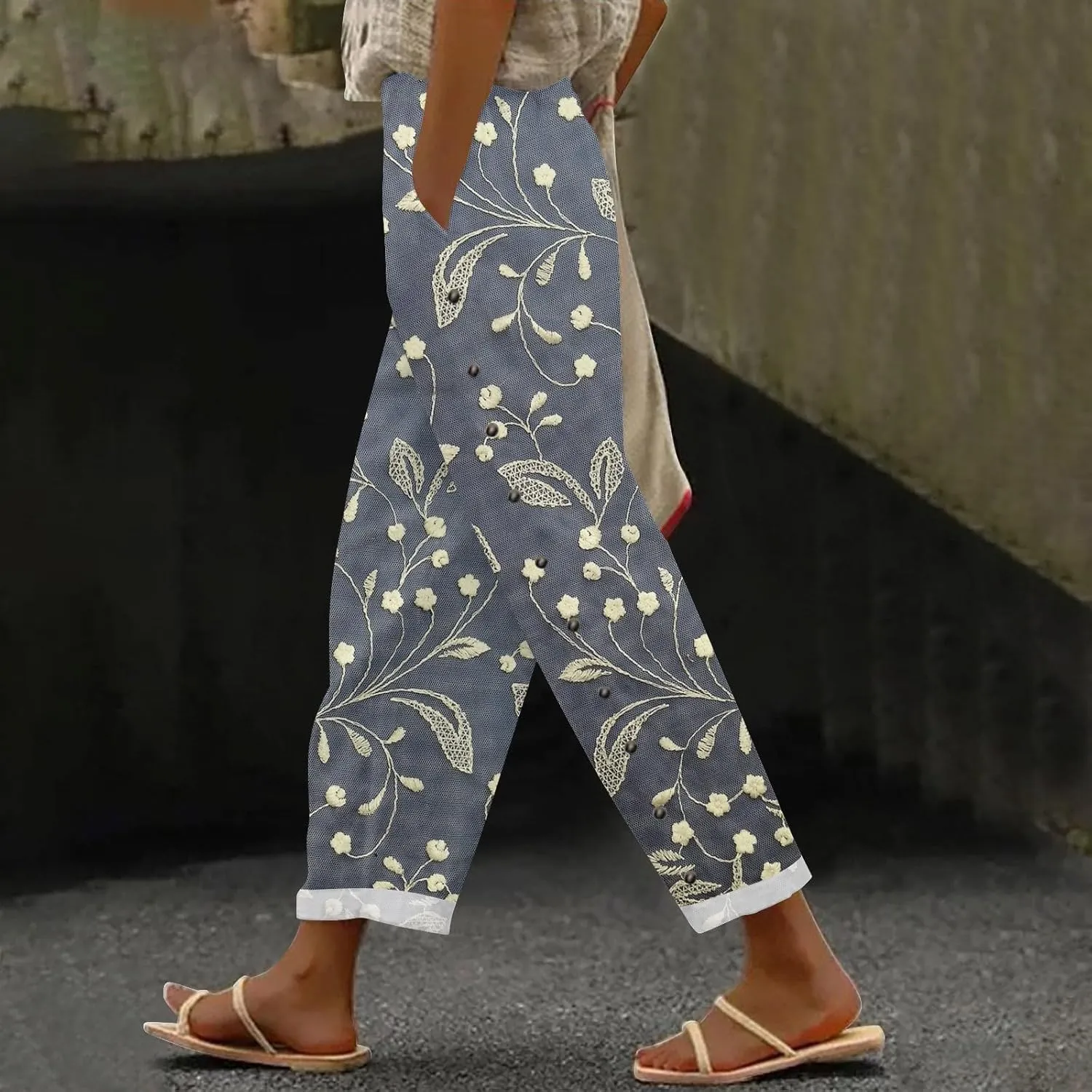 Striped Linen Pants for Women Elastic Waist Capris Petite Beachwear Lightweight Summer Beach Trousers with Pockets