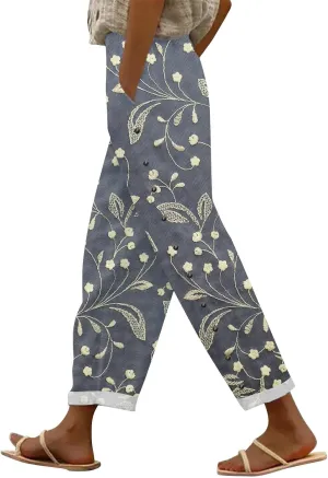 Striped Linen Pants for Women Elastic Waist Capris Petite Beachwear Lightweight Summer Beach Trousers with Pockets