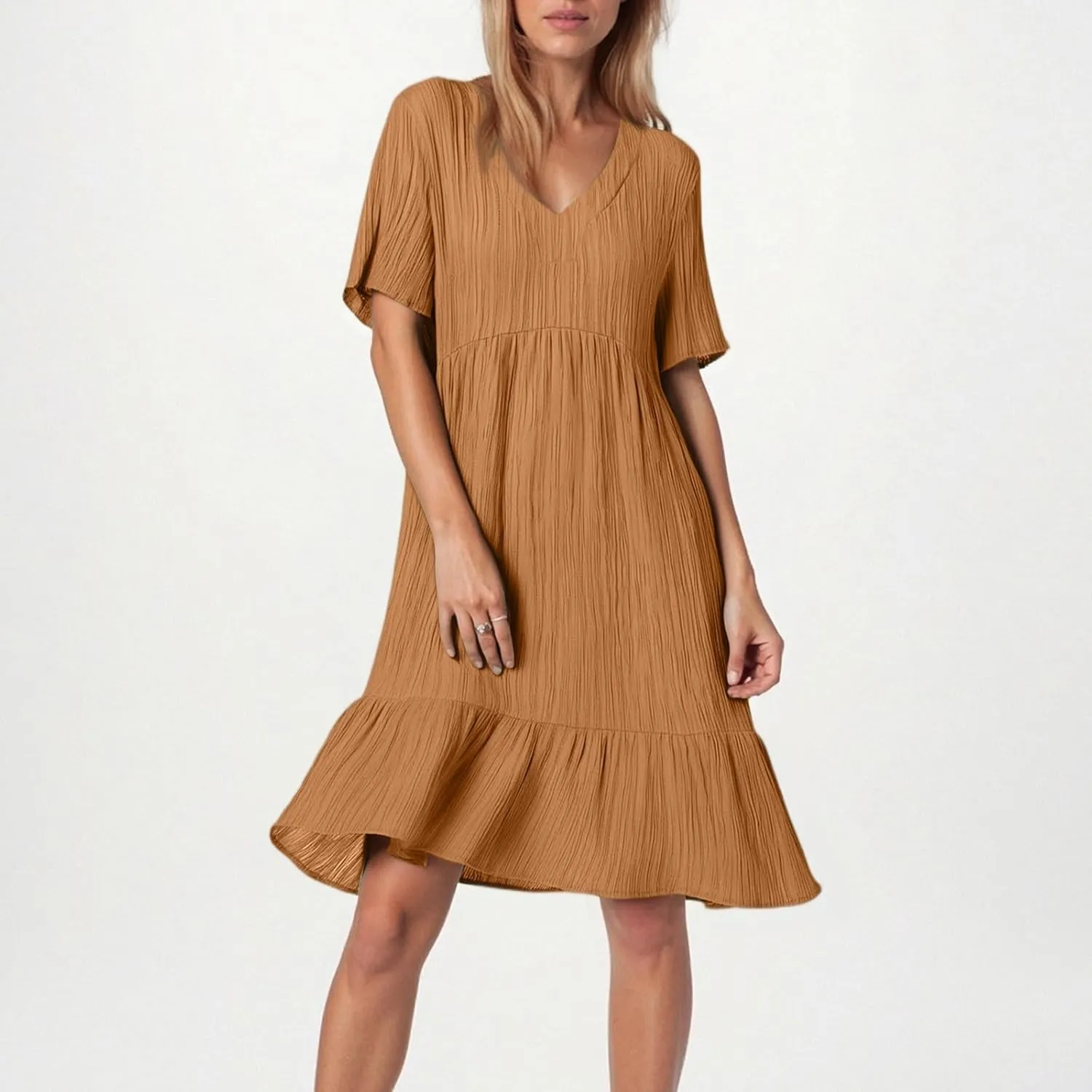 Summer Dresses for Women 2025 Loose V Neck Short Sleeve T Shirt Dress Casual Flowy Ruffle Tiered Layered A-Line Dress