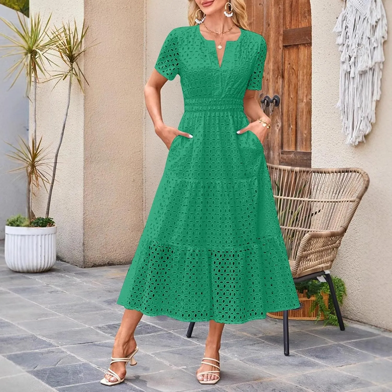 Summer Dresses for Women 2025 Short Sleeve Eyelet Cover Ups Long Dress Boho Dressy Casual Maxi Dresses with Pockets
