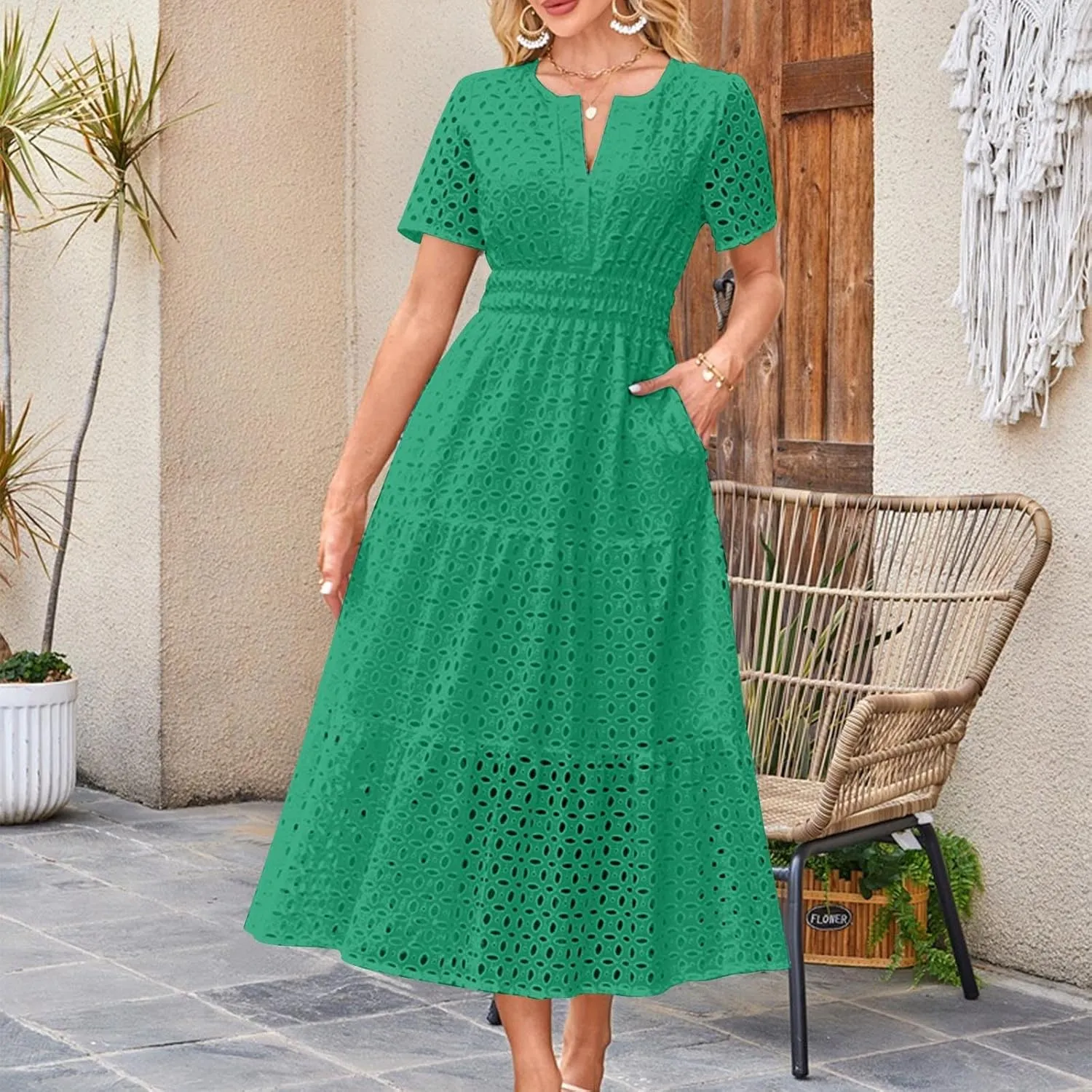 Summer Dresses for Women 2025 Short Sleeve Eyelet Cover Ups Long Dress Boho Dressy Casual Maxi Dresses with Pockets