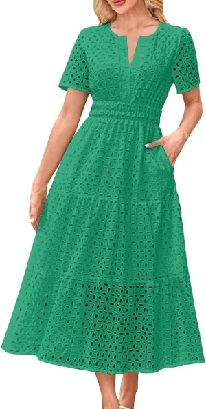 Summer Dresses for Women 2025 Short Sleeve Eyelet Cover Ups Long Dress Boho Dressy Casual Maxi Dresses with Pockets