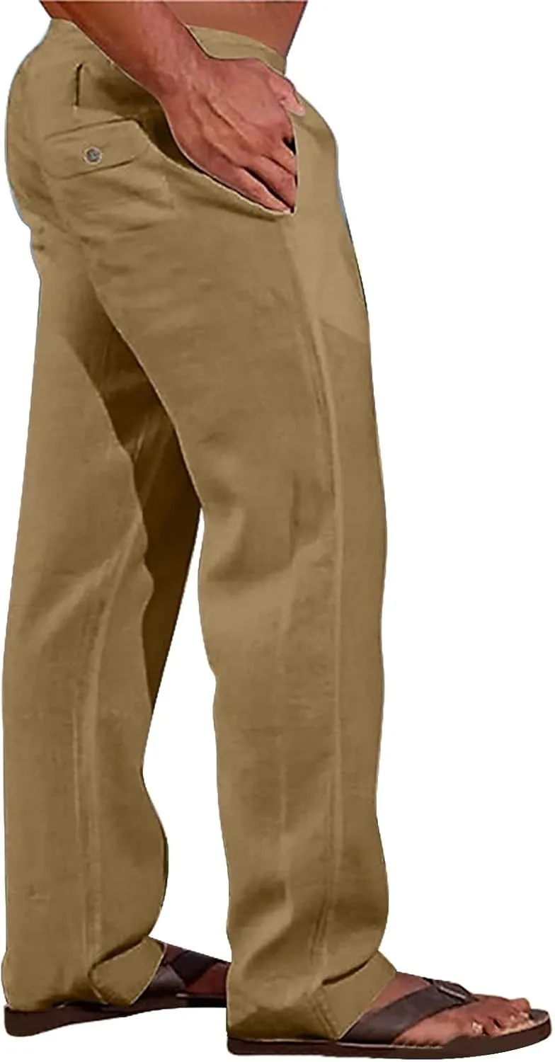 Summer Linen Dressy Pants for Mens Casual Solid Color Business Trousers Lightweight Wide Leg Cargo Sweatpants with Pockets