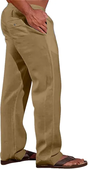 Summer Linen Dressy Pants for Mens Casual Solid Color Business Trousers Lightweight Wide Leg Cargo Sweatpants with Pockets