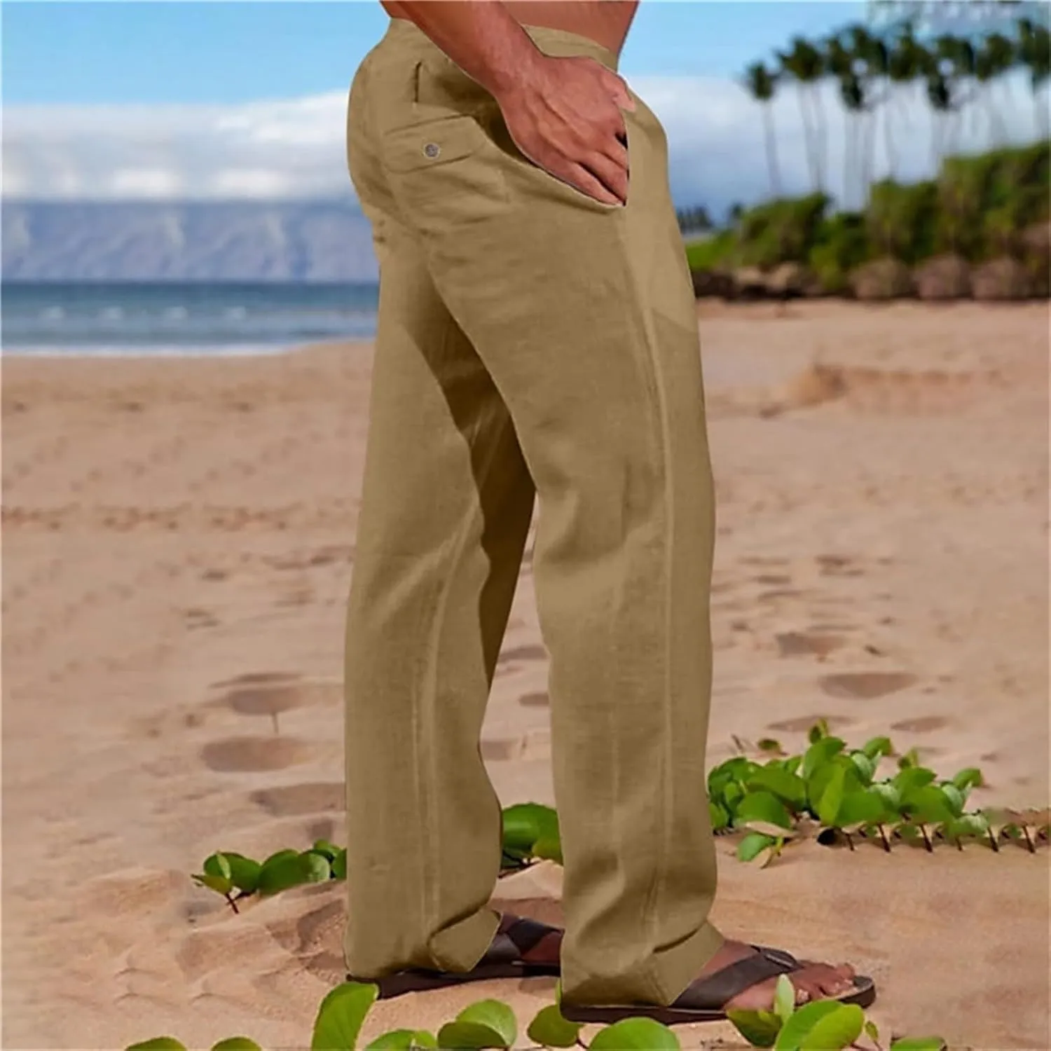 Summer Linen Dressy Pants for Mens Casual Solid Color Business Trousers Lightweight Wide Leg Cargo Sweatpants with Pockets
