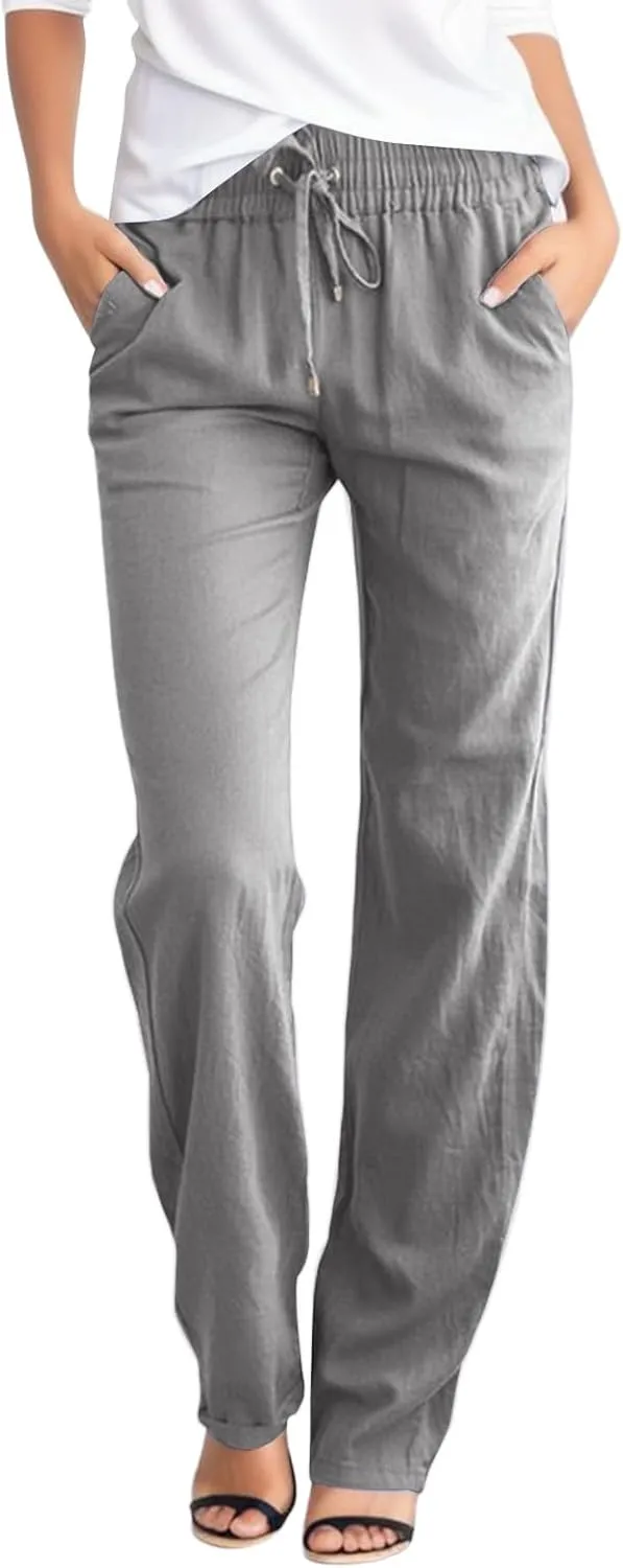 Summer Linen Pants Women Casual Lightweight Loose Lounge Trouser Drawstring Elastic High Waist Comfy Palazzo Long Pant
