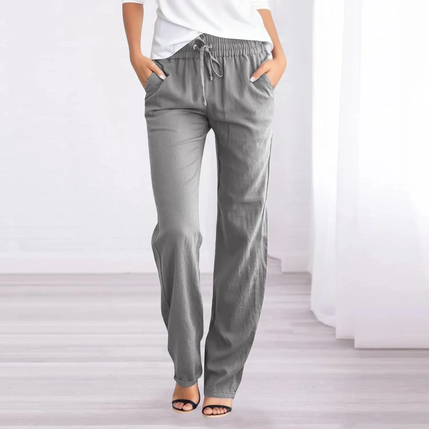 Summer Linen Pants Women Casual Lightweight Loose Lounge Trouser Drawstring Elastic High Waist Comfy Palazzo Long Pant
