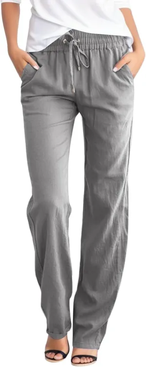 Summer Linen Pants Women Casual Lightweight Loose Lounge Trouser Drawstring Elastic High Waist Comfy Palazzo Long Pant