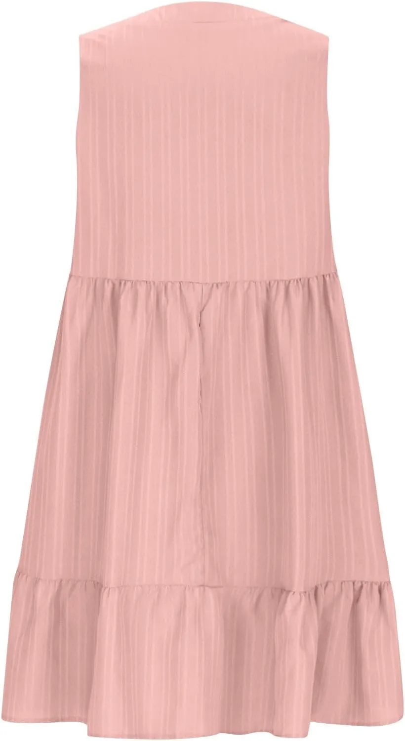 Summer Mini Dress for Women 2025 Pleated Ruffle Dresses Sleeveless V Neck Patchwork Sundress Beach Vacation Outfits
