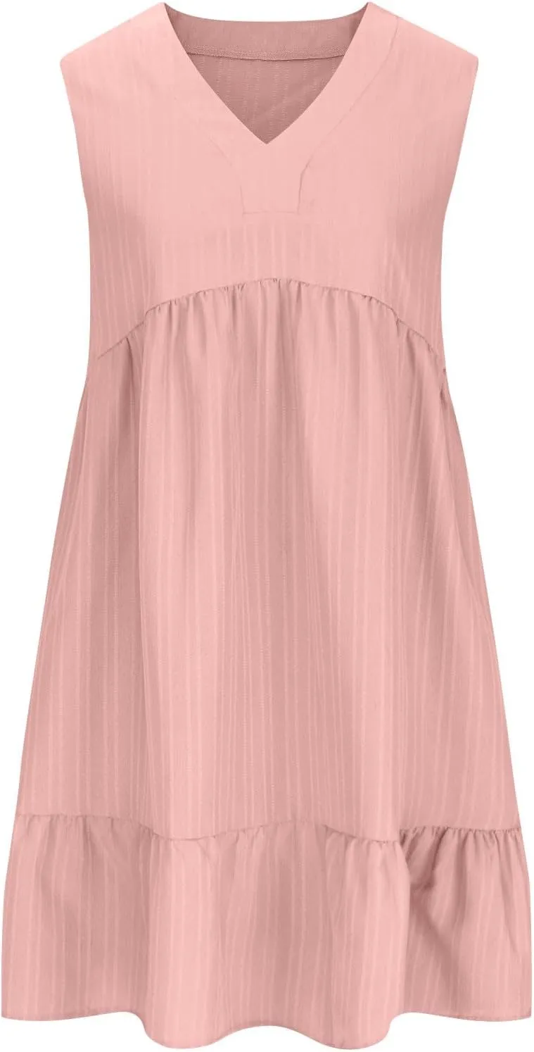 Summer Mini Dress for Women 2025 Pleated Ruffle Dresses Sleeveless V Neck Patchwork Sundress Beach Vacation Outfits