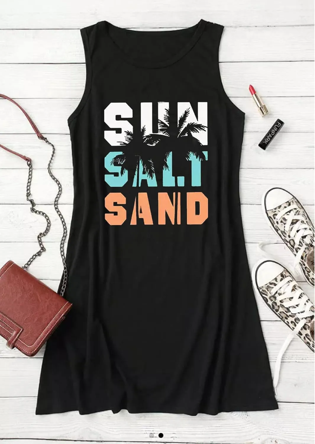 Sun Salt Sand Coconut Tree Mini Dress Women Summer Sleeveless Vacation Tank Dress Beach Praty Shirts Dress