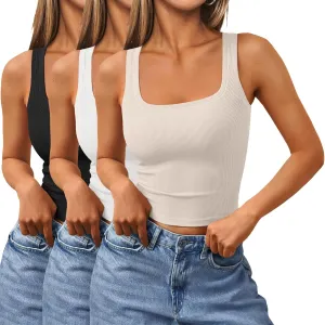 SUNBS Women's 3 Pack Square Neck Tank Tops Sleeveless Ribbed Workout Cute Outfits Summer Cropped Camisole Fashion Clothes