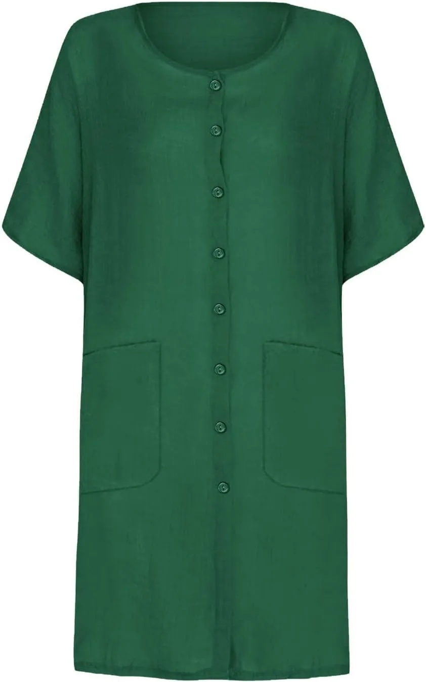 TANGNADE Womens Cotton Linen Midi Dresses Summer Casual Short Sleeve Beach Cover Up Shirts Loose Flowy Dress