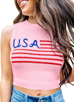 Tankaneo Womens American Flag Crop Tank Tops High Neck 4th of July Patriotic Summer Sleeveless Shirts Sweater Vest