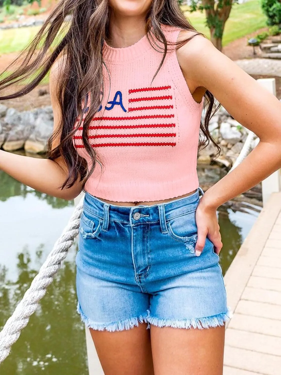 Tankaneo Womens American Flag Crop Tank Tops High Neck 4th of July Patriotic Summer Sleeveless Shirts Sweater Vest