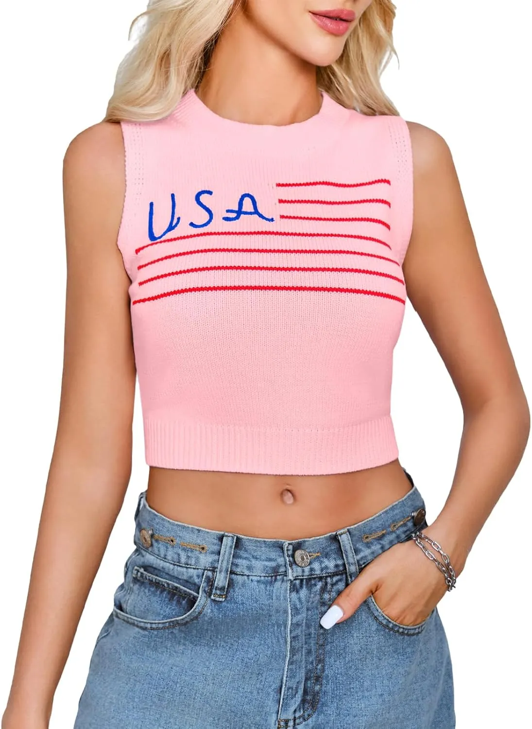 Tankaneo Womens American Flag Crop Tank Tops High Neck 4th of July Patriotic Summer Sleeveless Shirts Sweater Vest