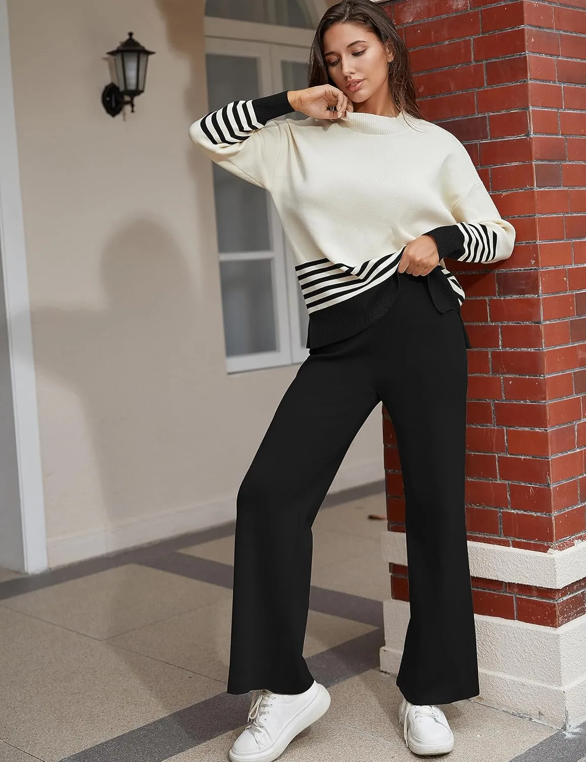 Tanming Women's Lounge Sets 2 Piece Outfits Knitted Pullover Sweater Tops Wide Leg Pants Tracksuit