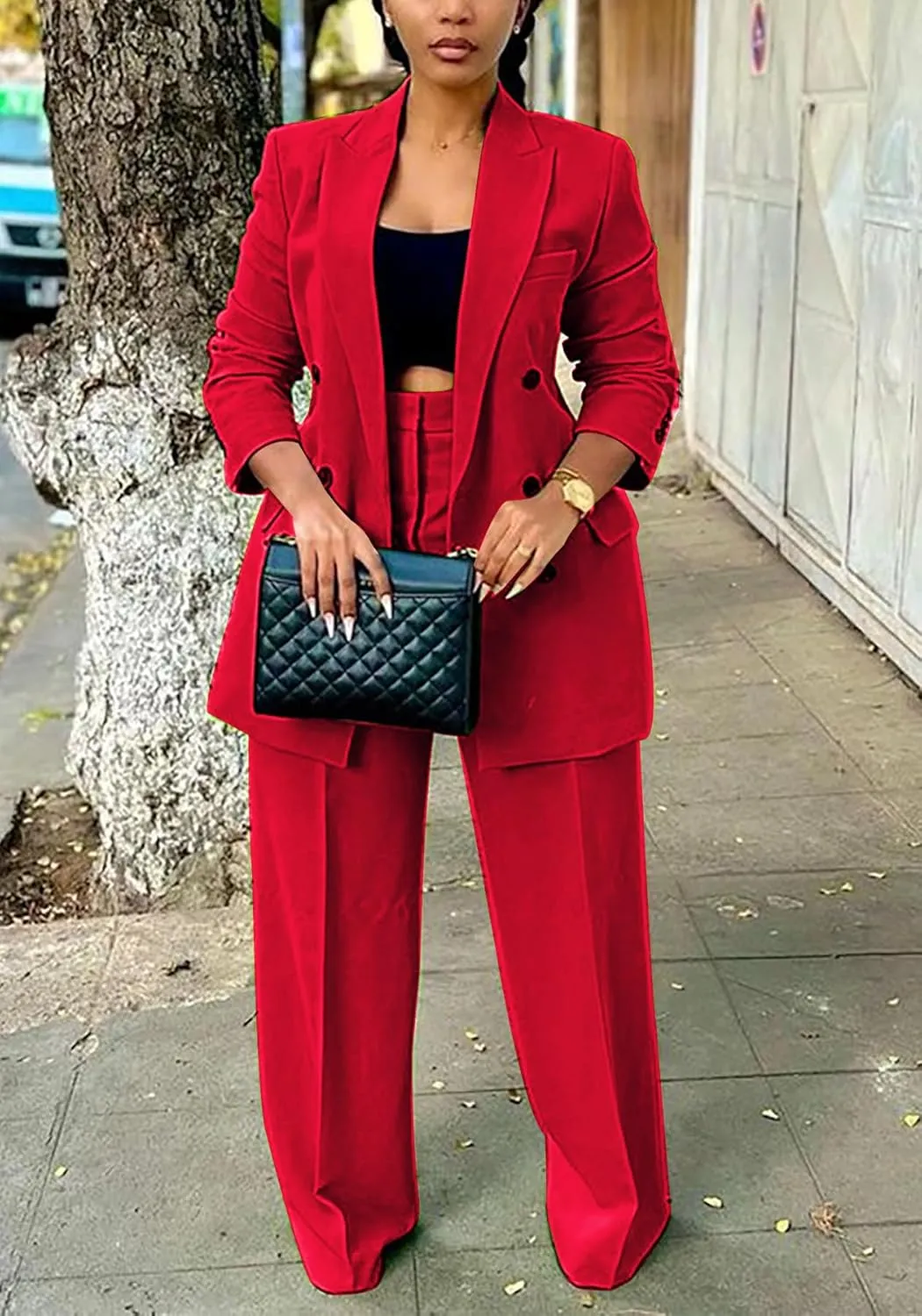 Tcremisa Women's Fashion Pants Suit 2 Piece Business Outfits Casual Double Breasted Blazer and Pant Sets