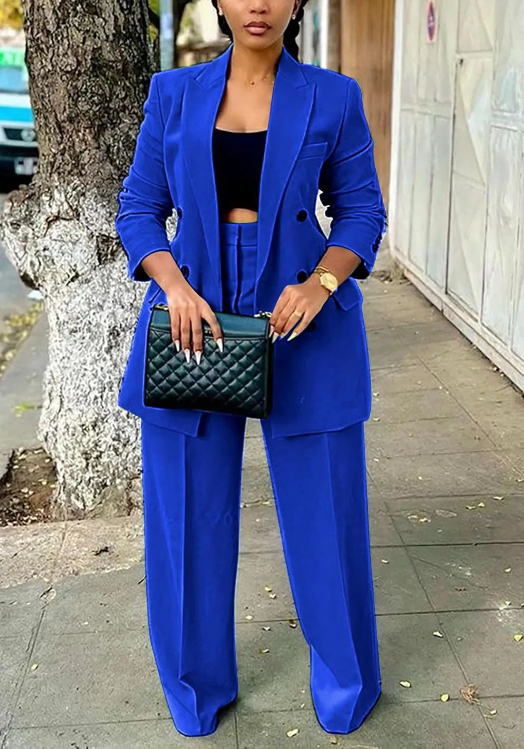 Tcremisa Women's Fashion Pants Suit 2 Piece Business Outfits Casual Double Breasted Blazer and Pant Sets