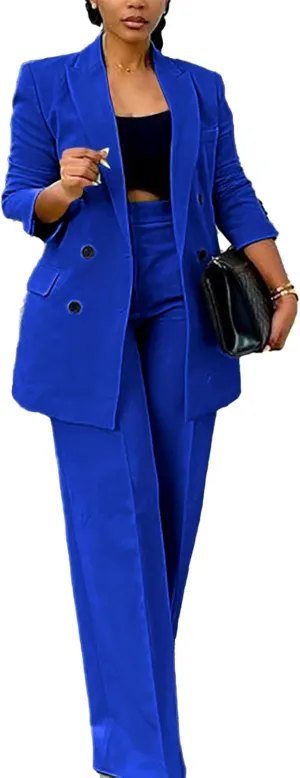 Tcremisa Women's Fashion Pants Suit 2 Piece Business Outfits Casual Double Breasted Blazer and Pant Sets