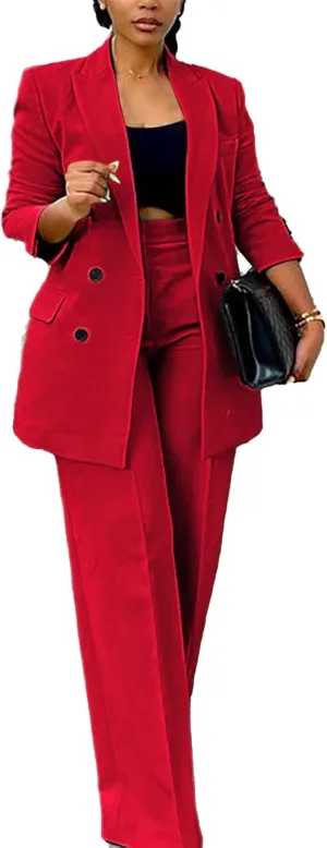 Tcremisa Women's Fashion Pants Suit 2 Piece Business Outfits Casual Double Breasted Blazer and Pant Sets