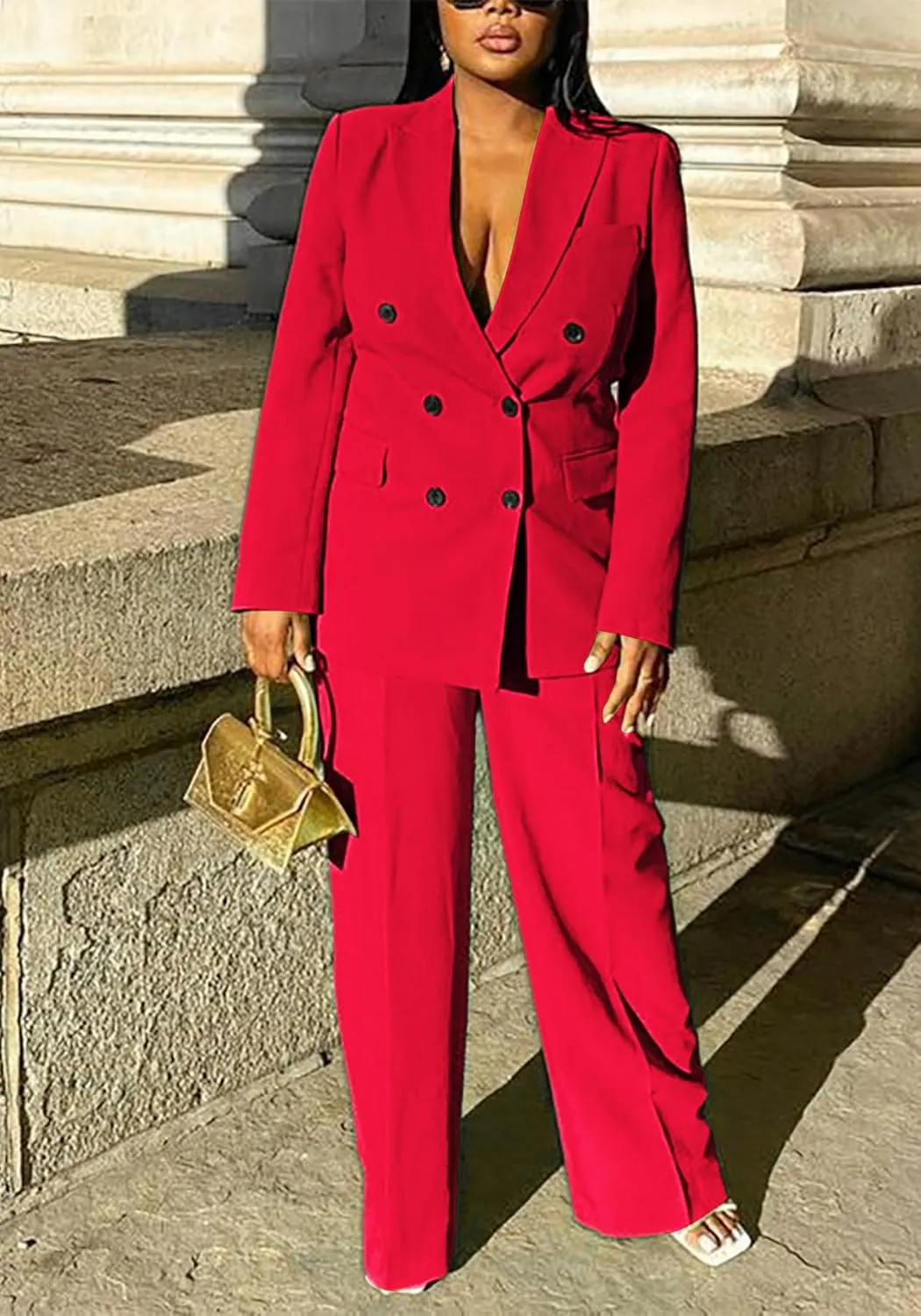Tcremisa Women's Fashion Pants Suit 2 Piece Business Outfits Casual Double Breasted Blazer and Pant Sets
