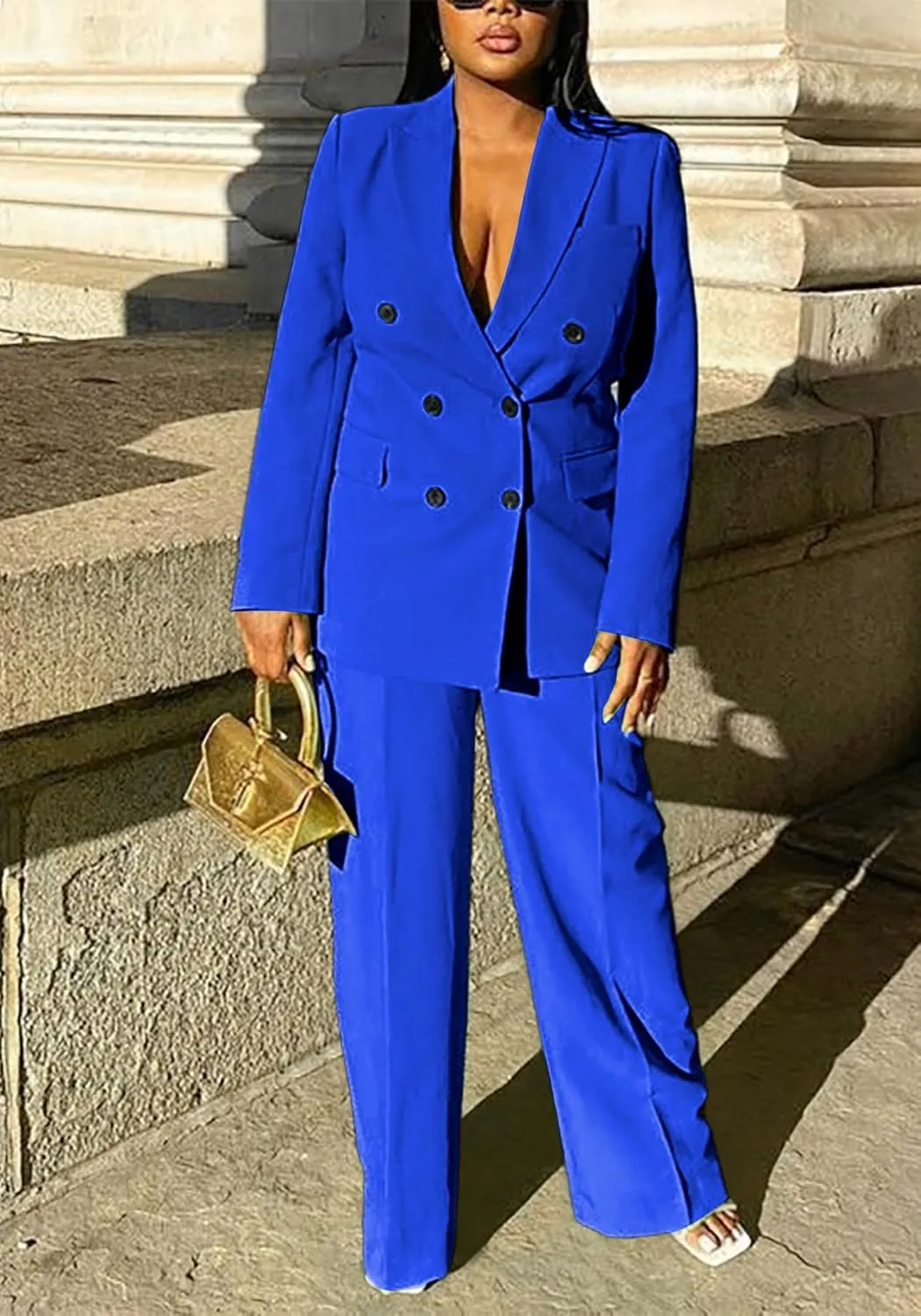 Tcremisa Women's Fashion Pants Suit 2 Piece Business Outfits Casual Double Breasted Blazer and Pant Sets