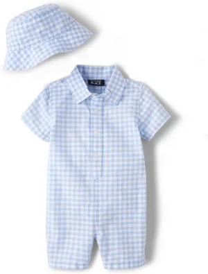 The Children's Place baby-boys And Newborn Woven Plaid Romper and Hat 2-piece Set