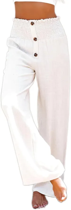 TIAFORD Women Smocked Linen Palazzo Pants Summer Casual Elastic High Waist Button Wide Leg Long Linen Beach Lounge Trousers