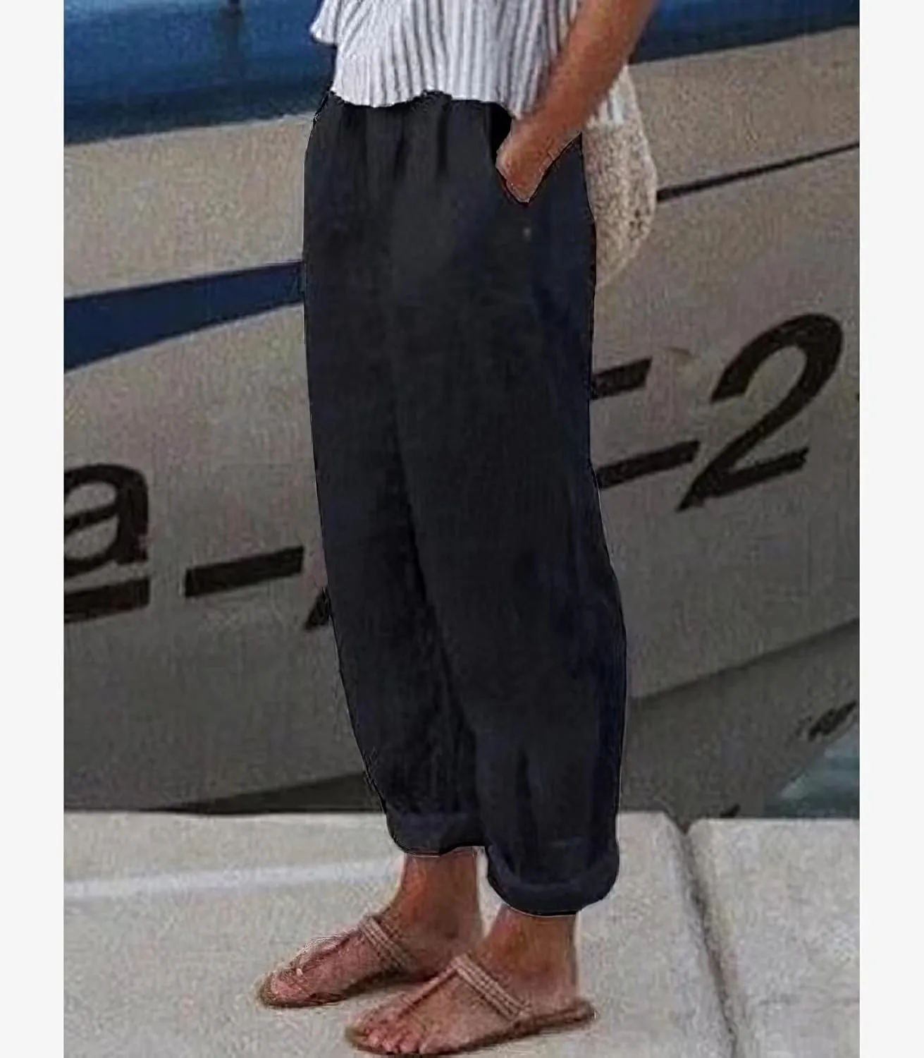 TIAFORD Women's Summer Casual Loose Cotton Linen Pants Elastic High Waist Wide Leg Beach Trousers with Pockets Plus Size