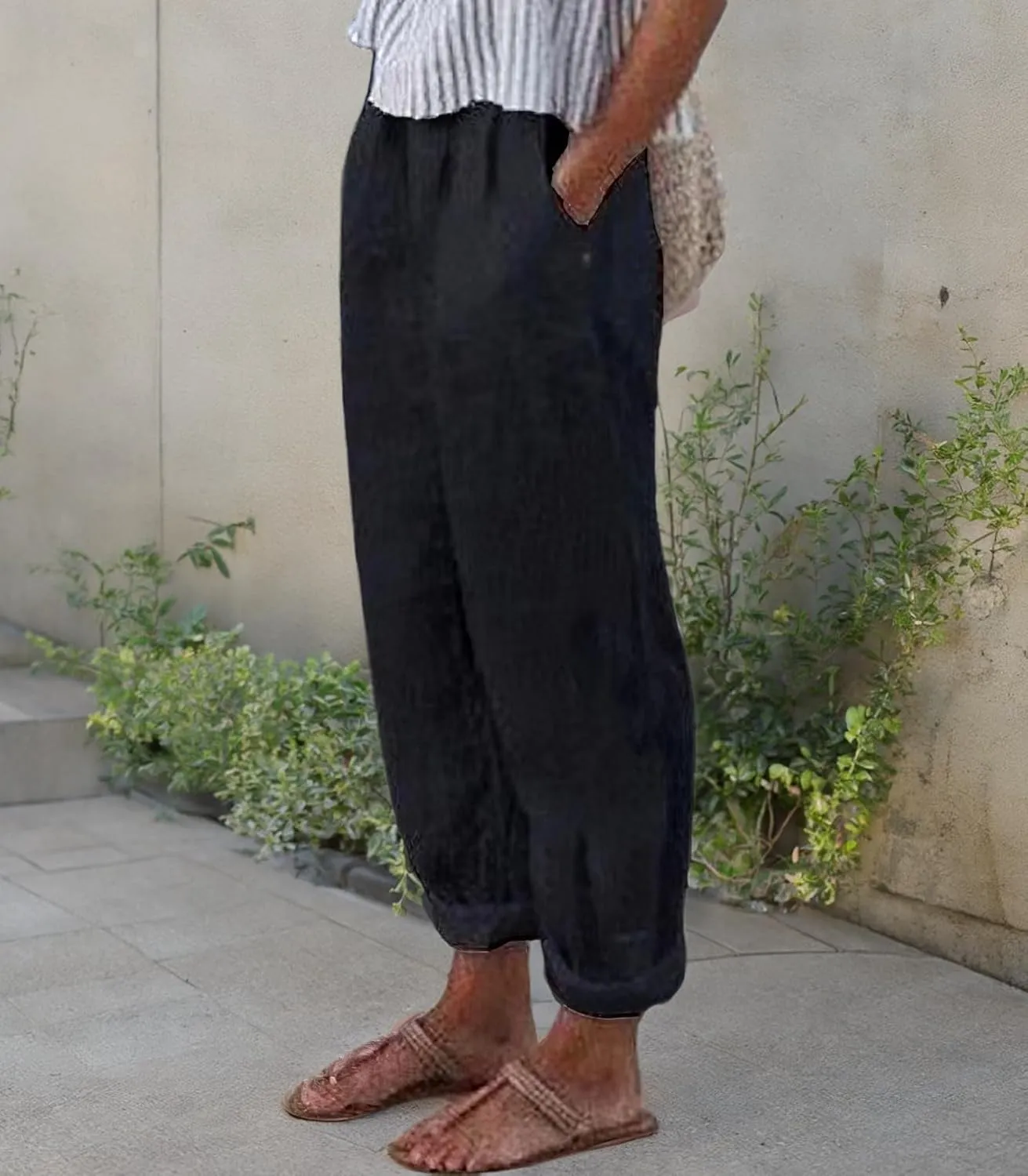 TIAFORD Women's Summer Casual Loose Cotton Linen Pants Elastic High Waist Wide Leg Beach Trousers with Pockets Plus Size