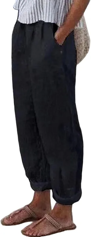 TIAFORD Women's Summer Casual Loose Cotton Linen Pants Elastic High Waist Wide Leg Beach Trousers with Pockets Plus Size