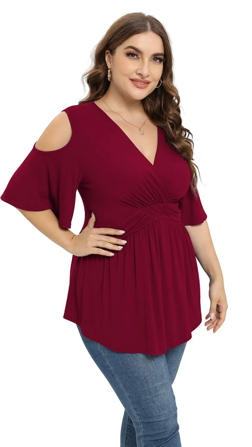 TIANZHU Plus Size Tops for Women Sexy Empire Waist Dressy Short Sleeve Shirts with Cold Shoulder Detail