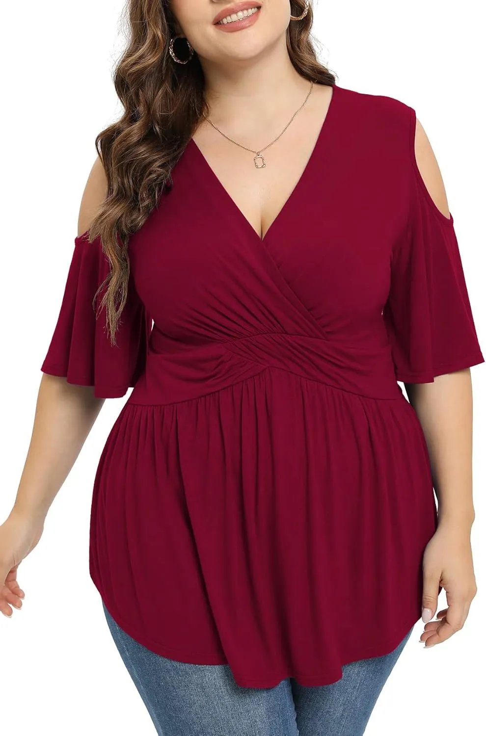 TIANZHU Plus Size Tops for Women Sexy Empire Waist Dressy Short Sleeve Shirts with Cold Shoulder Detail