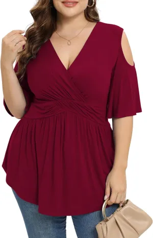 TIANZHU Plus Size Tops for Women Sexy Empire Waist Dressy Short Sleeve Shirts with Cold Shoulder Detail