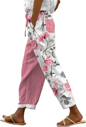 Today Deals Linen Pants Women Summer 2024 Striped Casual Elastic High Waist Straight Leg Loose Boho Trendy Trousers Cropped Trouser, Medium, Women1-pink