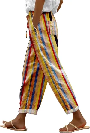 Today Deals Linen Pants Women Summer 2024 Striped Casual Elastic High Waist Straight Leg Loose Boho Trendy Trousers Cropped Trouser