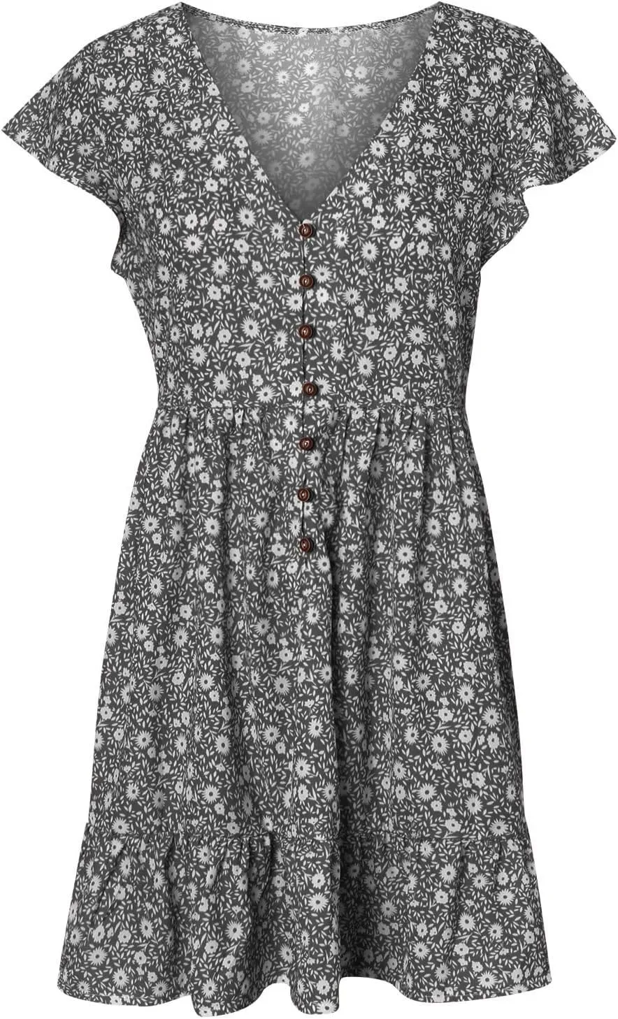 tuduoms Womens Summer Ruffle Mini Dress Cap Short Sleeves Ditsy Floral V Neck Button Beach Casual Loose Pleated Tiered Dress
