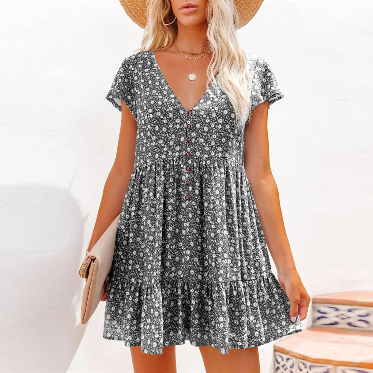 tuduoms Womens Summer Ruffle Mini Dress Cap Short Sleeves Ditsy Floral V Neck Button Beach Casual Loose Pleated Tiered Dress