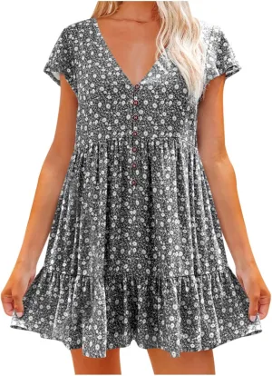tuduoms Womens Summer Ruffle Mini Dress Cap Short Sleeves Ditsy Floral V Neck Button Beach Casual Loose Pleated Tiered Dress