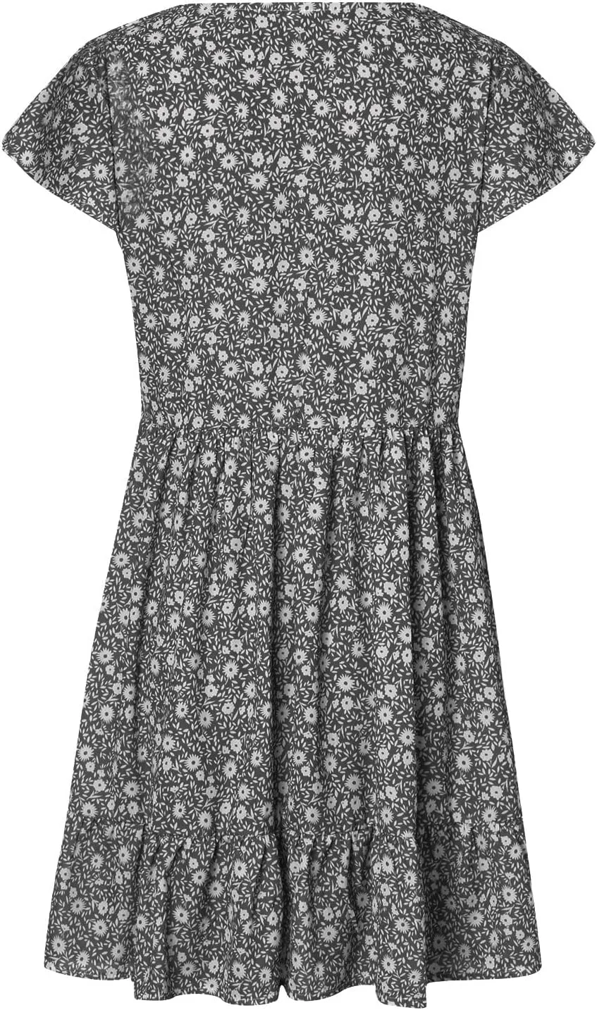 tuduoms Womens Summer Ruffle Mini Dress Cap Short Sleeves Ditsy Floral V Neck Button Beach Casual Loose Pleated Tiered Dress