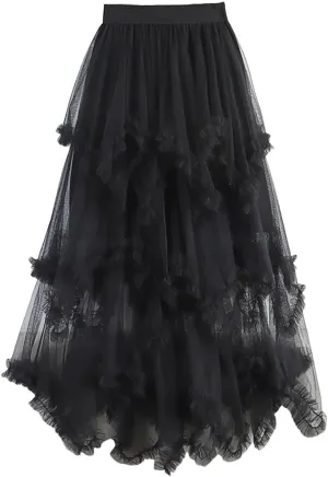Tulle Long Skirt for Women Summer Irregular Mesh High Waist Maxi Skirt Pleated A-Line Swing Midi Skirt