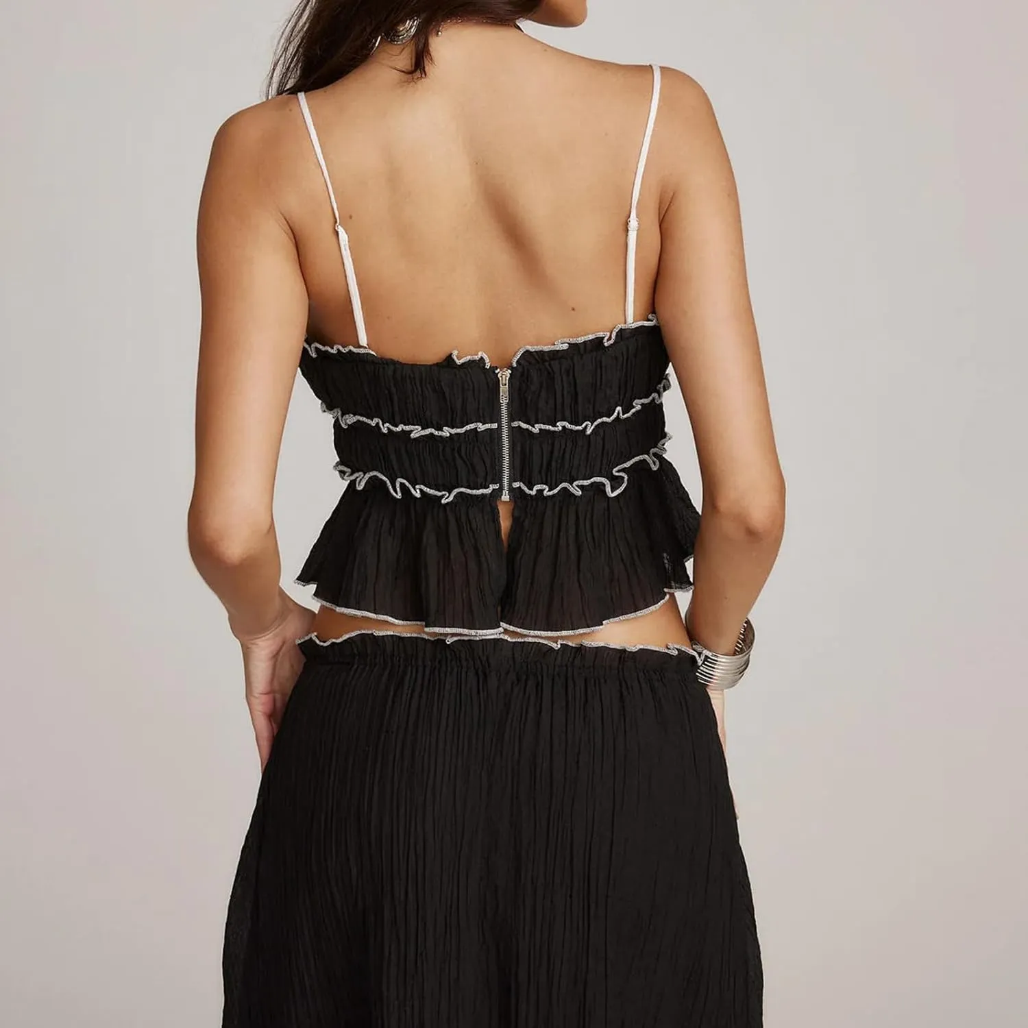 Two Piece Maxi Skirt Set Women Y2k Sexy Lace Sheer Halter Top and Smocked Pleated Long Maxi Sets 2 Piece Outfits