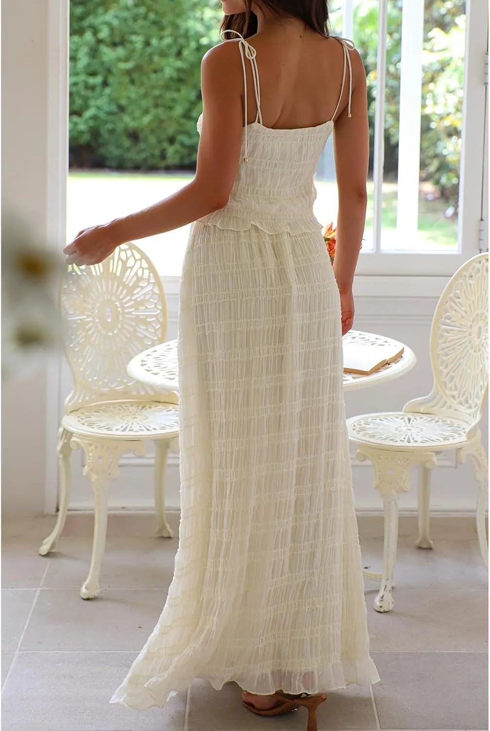Two Piece Maxi Skirt Set Women Y2k Sexy Lace Sheer Halter Top and Smocked Pleated Long Maxi Sets 2 Piece Outfits