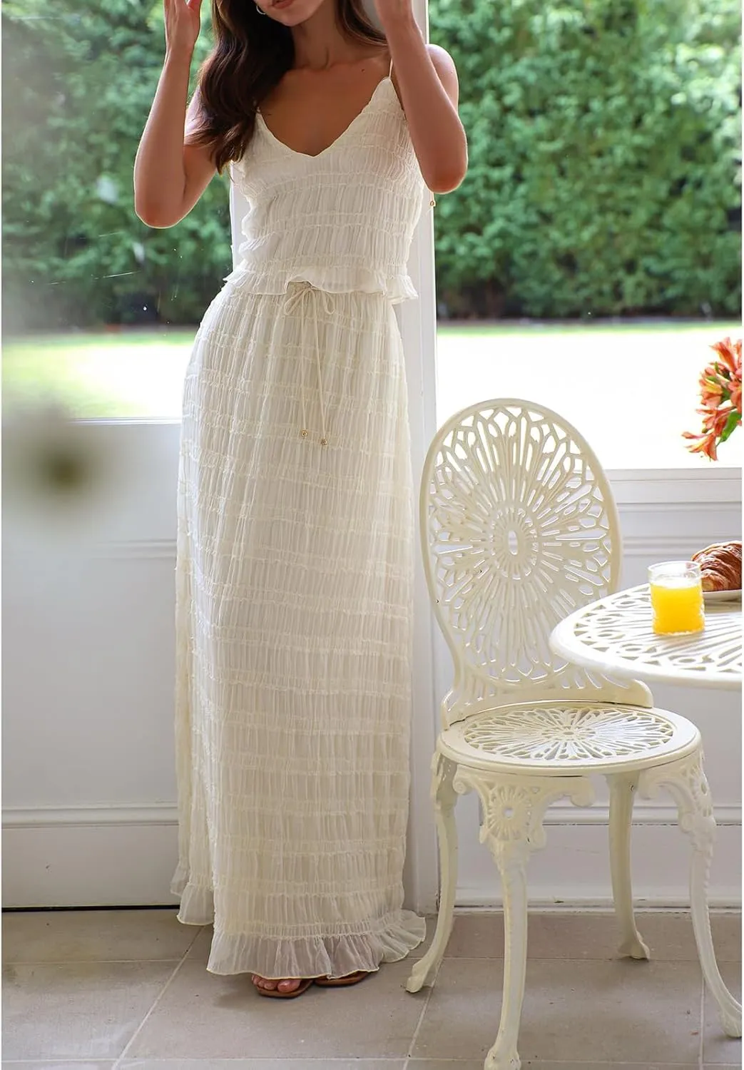 Two Piece Maxi Skirt Set Women Y2k Sexy Lace Sheer Halter Top and Smocked Pleated Long Maxi Sets 2 Piece Outfits