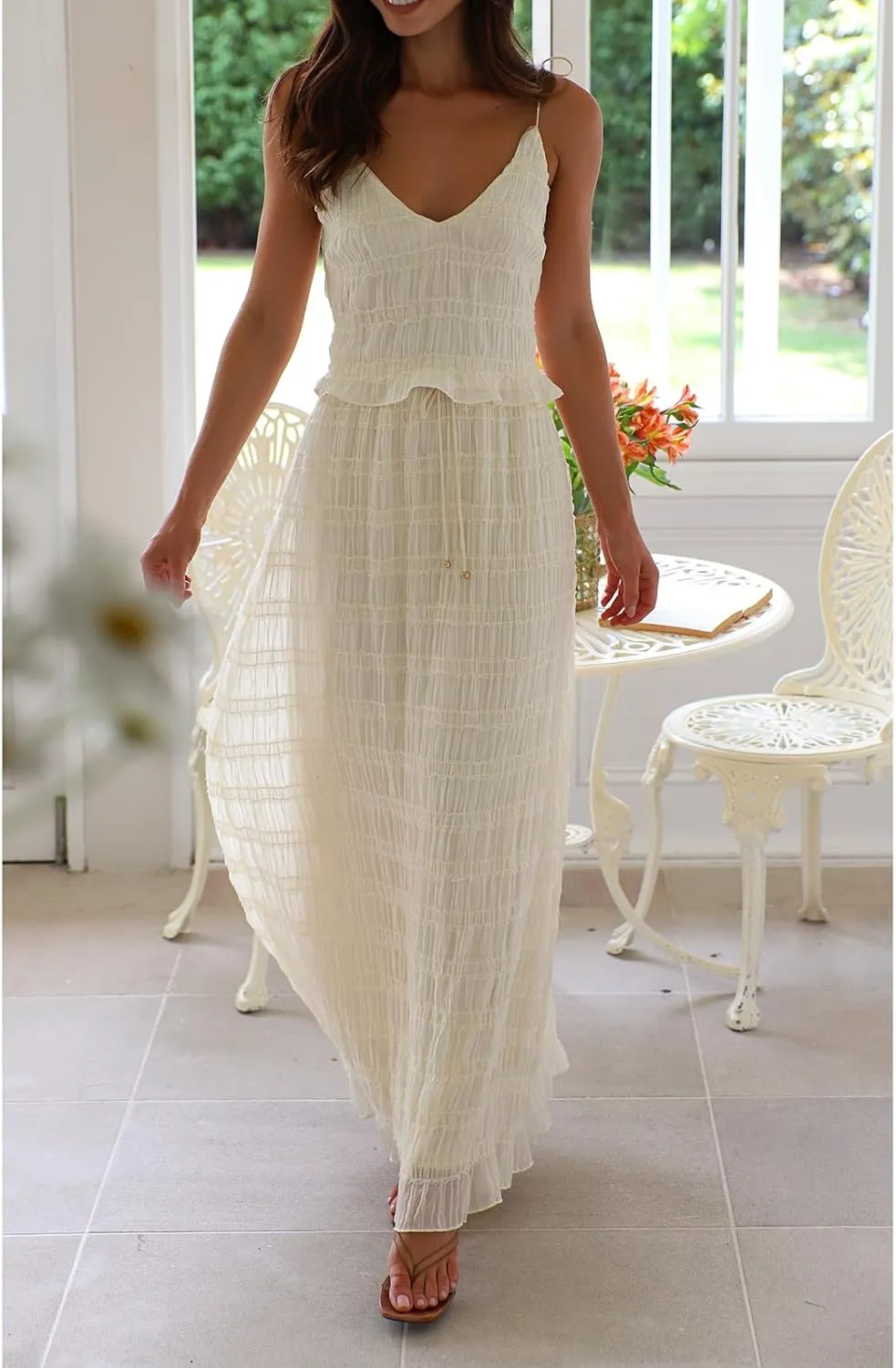 Two Piece Maxi Skirt Set Women Y2k Sexy Lace Sheer Halter Top and Smocked Pleated Long Maxi Sets 2 Piece Outfits