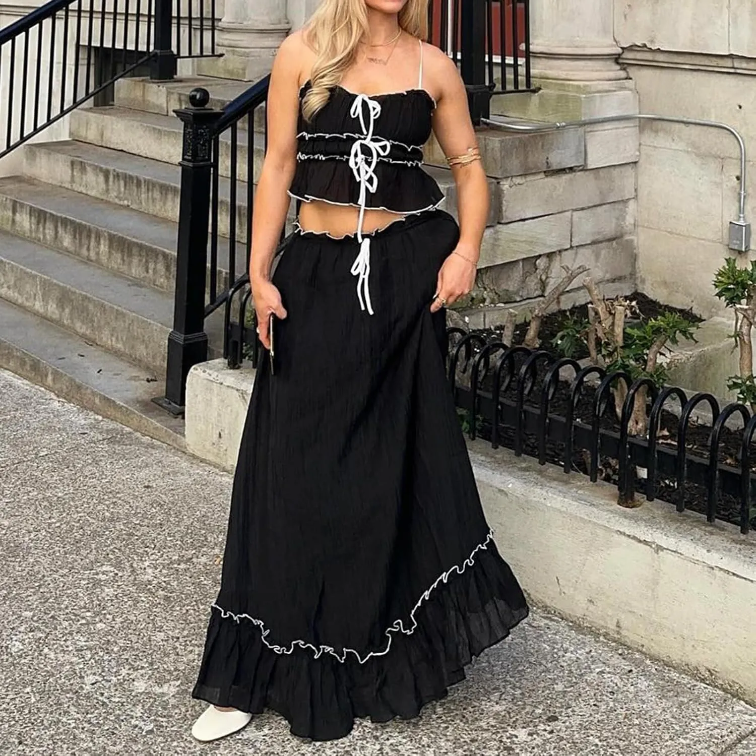Two Piece Maxi Skirt Set Women Y2k Sexy Lace Sheer Halter Top and Smocked Pleated Long Maxi Sets 2 Piece Outfits